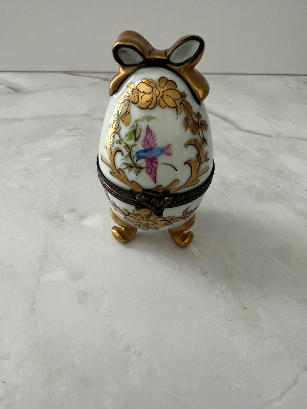 Limoges White Porcelain Egg Box with Pink and Blue Bird and Gold Trim